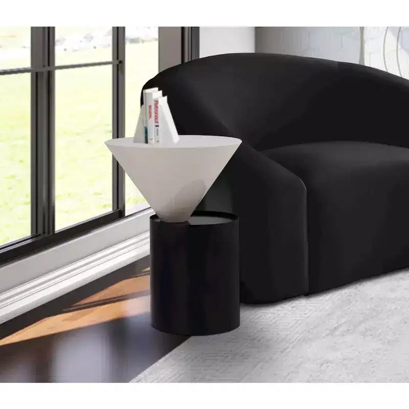 White Metal Top End Table with Matte Black Base, Contemporary Round Design