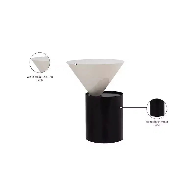 White Metal Top End Table with Matte Black Base, Contemporary Round Design