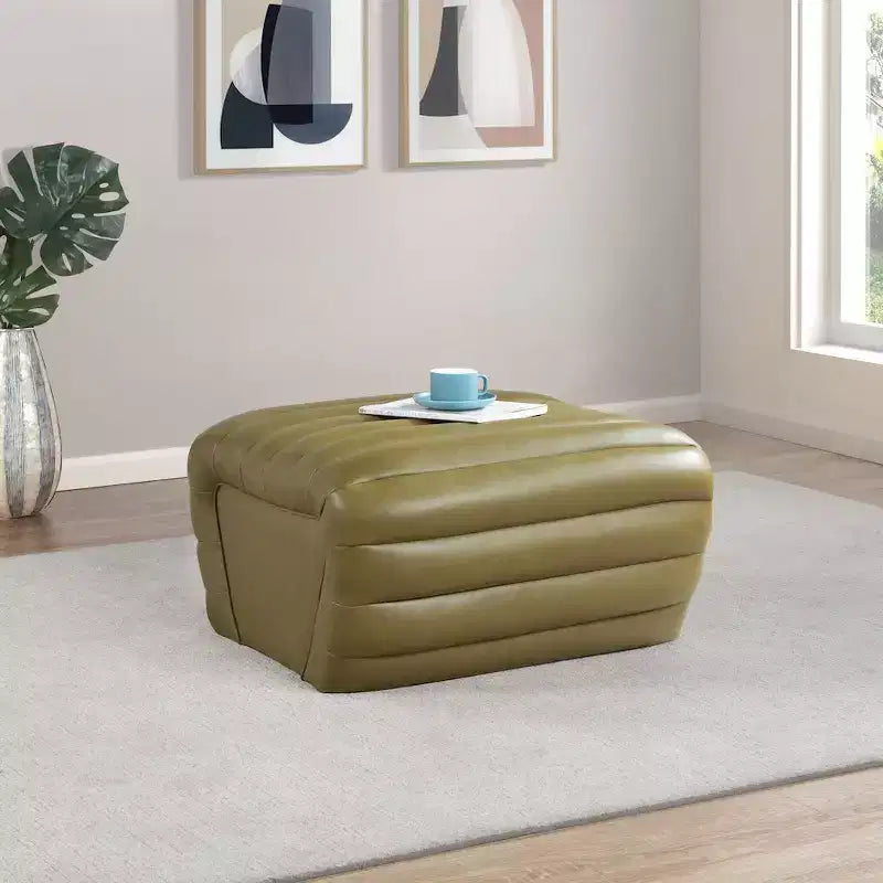 Black Vegan Leather Ottoman with Deep Channel Tufting