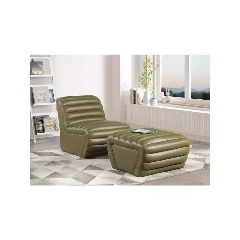 Black Vegan Leather Ottoman with Deep Channel Tufting