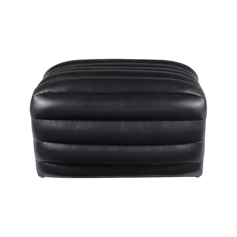 Black Vegan Leather Ottoman with Deep Channel Tufting