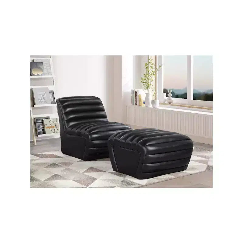 Black Vegan Leather Ottoman with Deep Channel Tufting