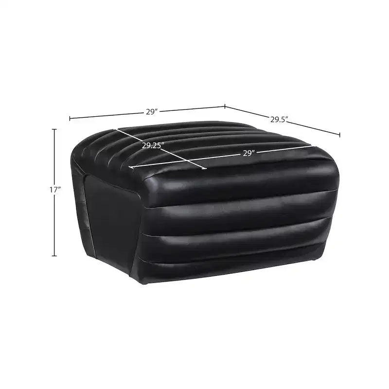 Black Vegan Leather Ottoman with Deep Channel Tufting