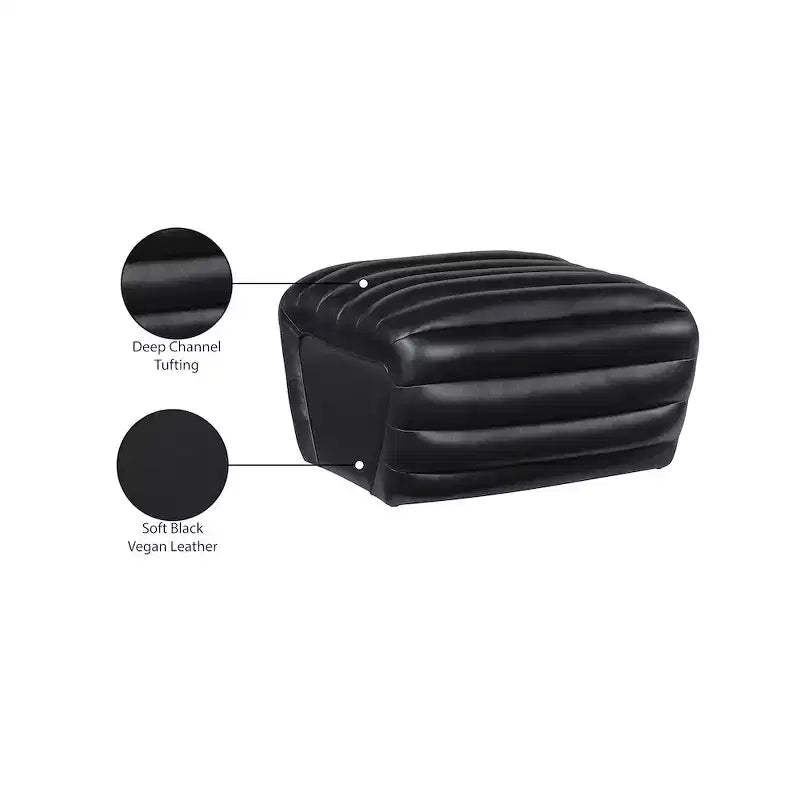 Black Vegan Leather Ottoman with Deep Channel Tufting