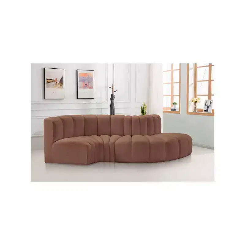 Cognac Vegan Leather Modular Sofa with Deep Channel Tufting