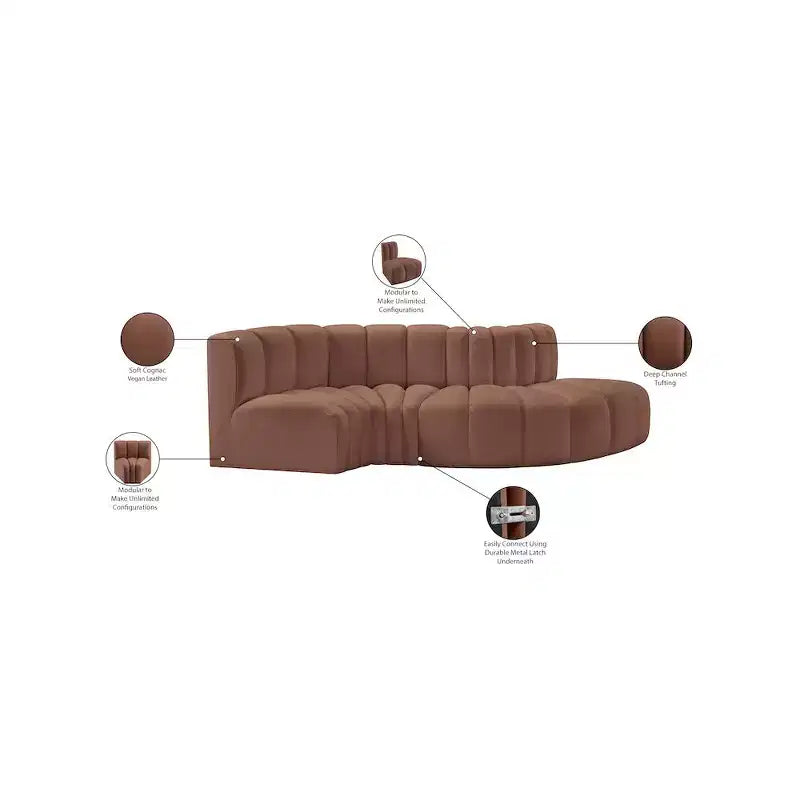Cognac Vegan Leather Modular Sofa with Deep Channel Tufting