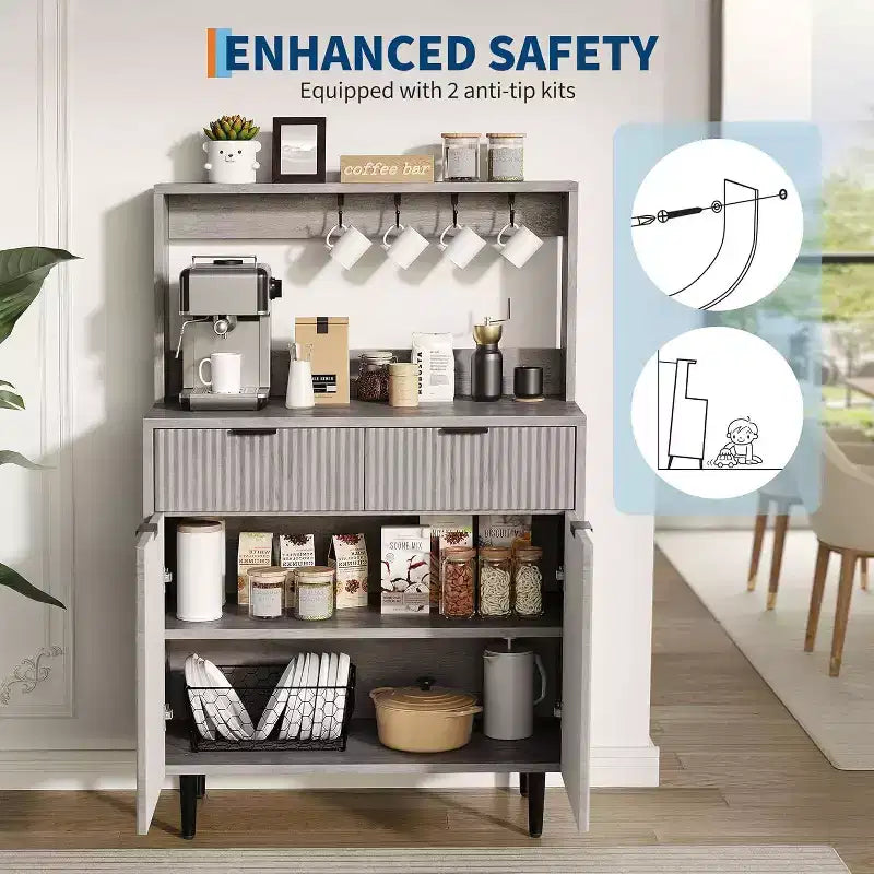 Fluted Sideboard Cabinet - Modern Storage Buffet with 2 Drawers & Adjustable Shelves