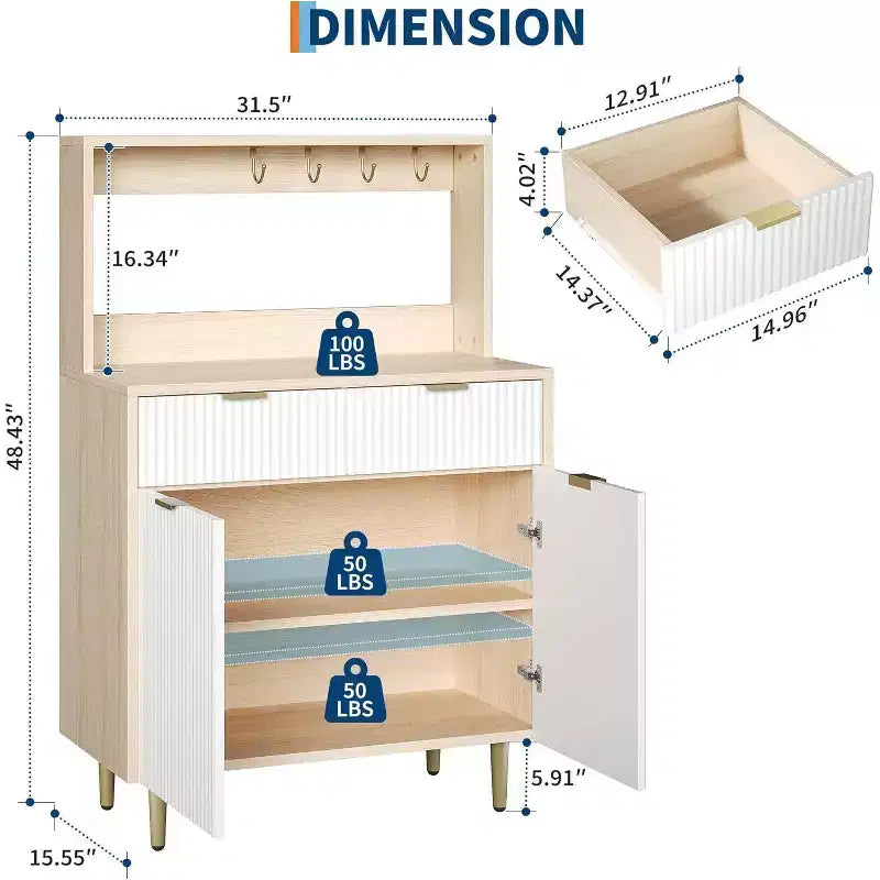 Fluted Sideboard Cabinet - Modern Storage Buffet with 2 Drawers & Adjustable Shelves