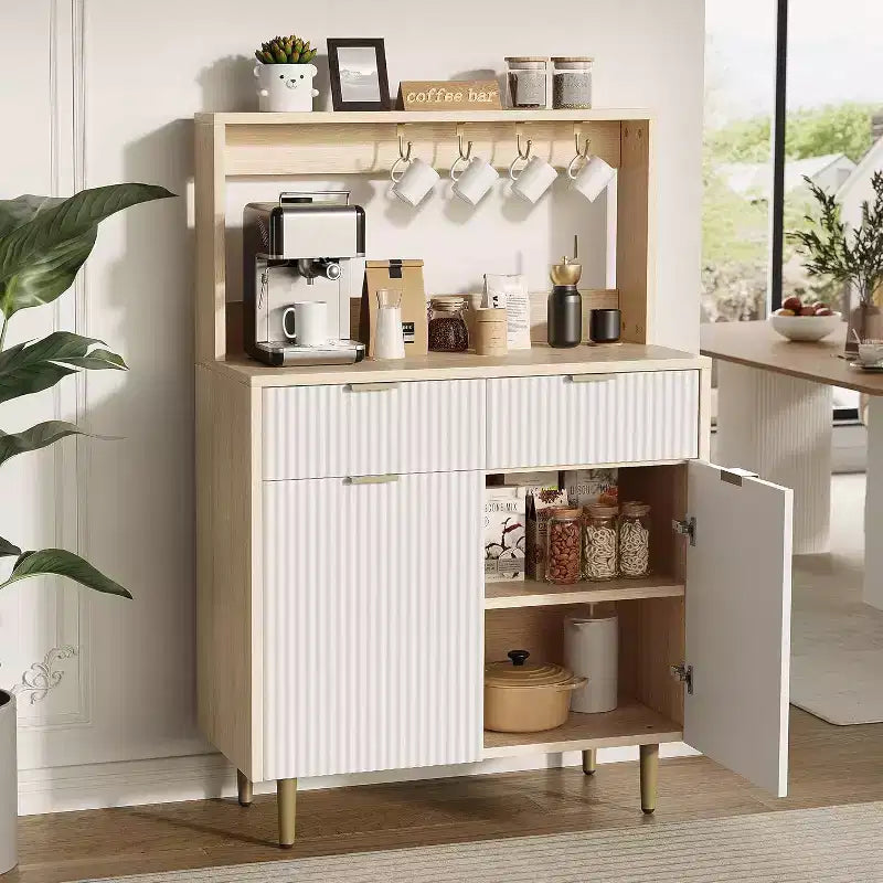 Fluted Sideboard Cabinet - Modern Storage Buffet with 2 Drawers & Adjustable Shelves