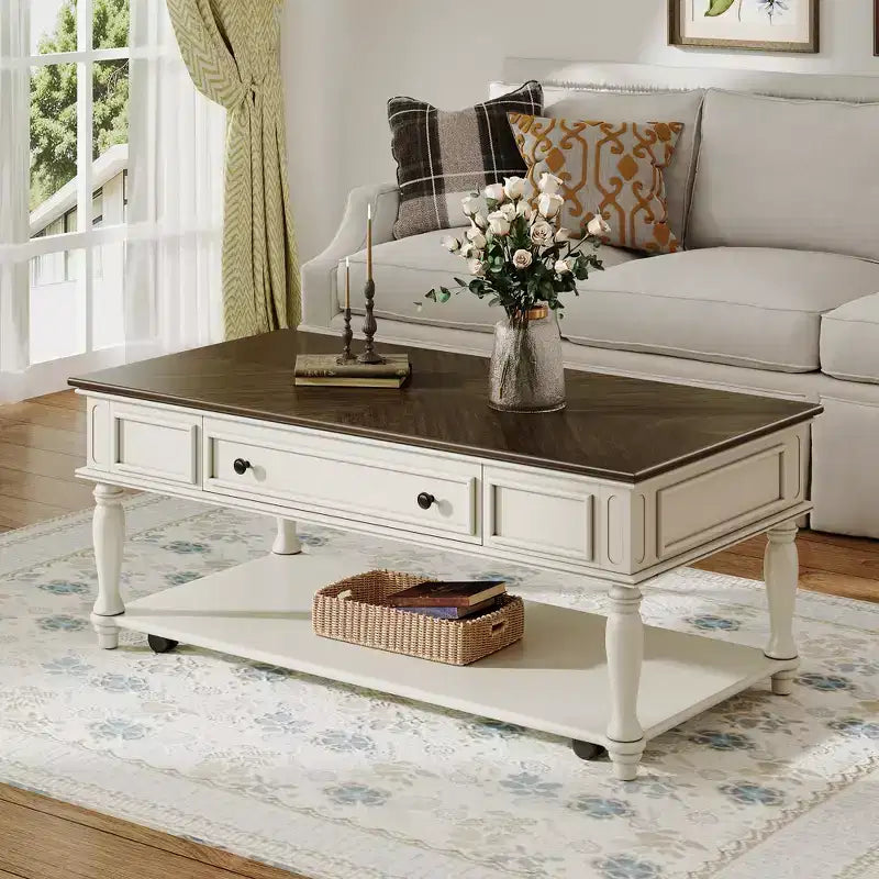 Retro Rubberwood Coffee Table with One Drawer, Shelf and Lockable Wheels