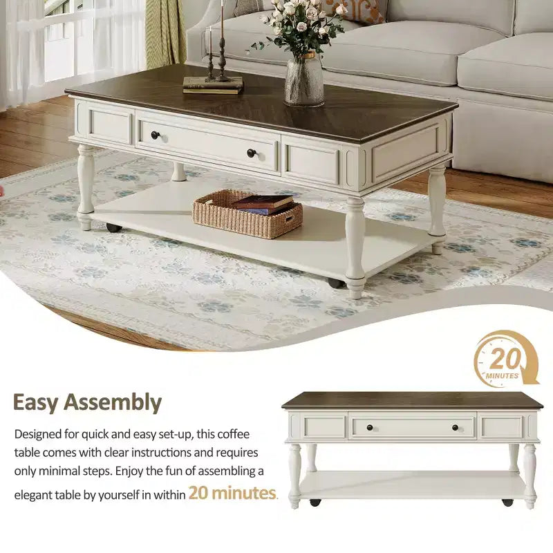 Retro Rubberwood Coffee Table with One Drawer, Shelf and Lockable Wheels