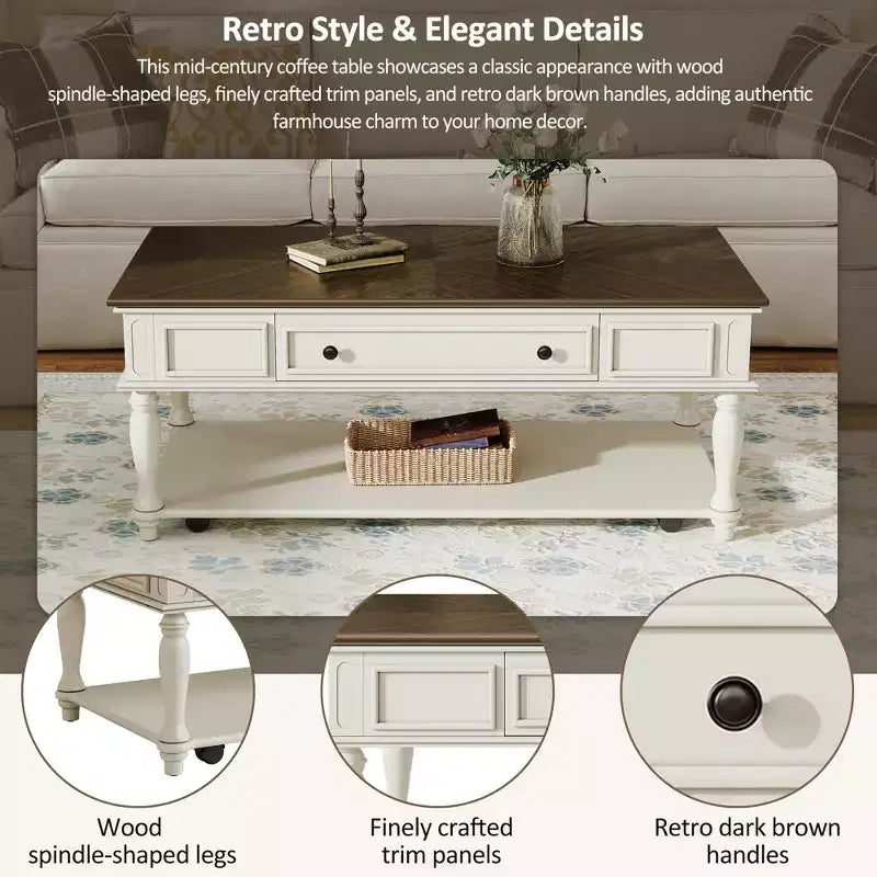Retro Rubberwood Coffee Table with One Drawer, Shelf and Lockable Wheels