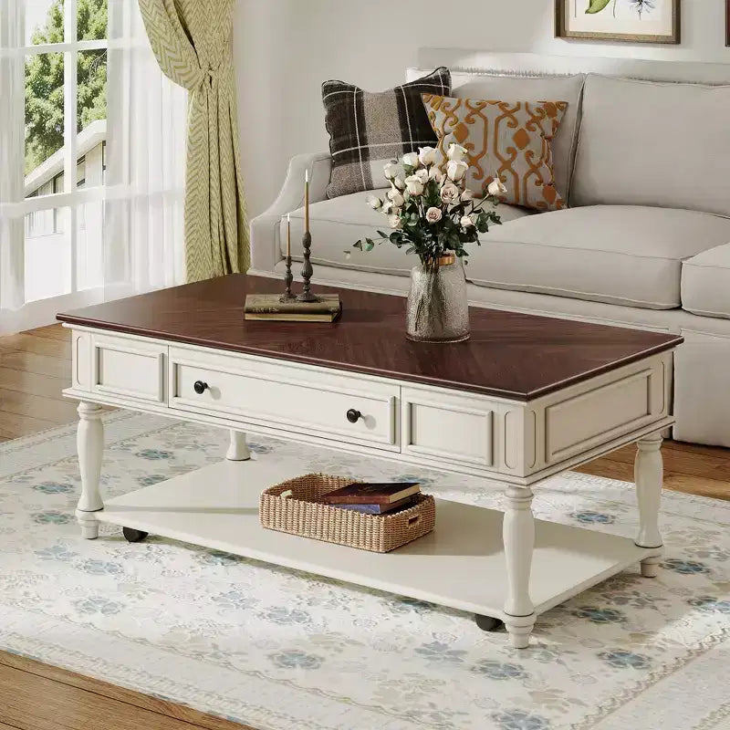Retro Rubberwood Coffee Table with One Drawer, Shelf and Lockable Wheels
