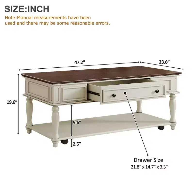 Retro Rubberwood Coffee Table with One Drawer, Shelf and Lockable Wheels