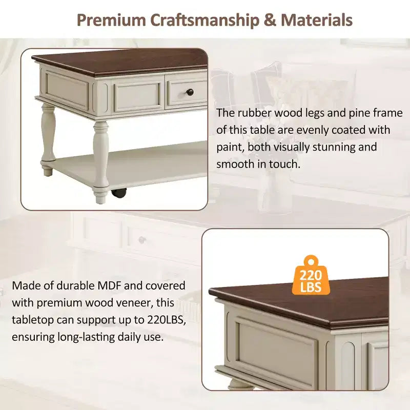 Retro Rubberwood Coffee Table with One Drawer, Shelf and Lockable Wheels