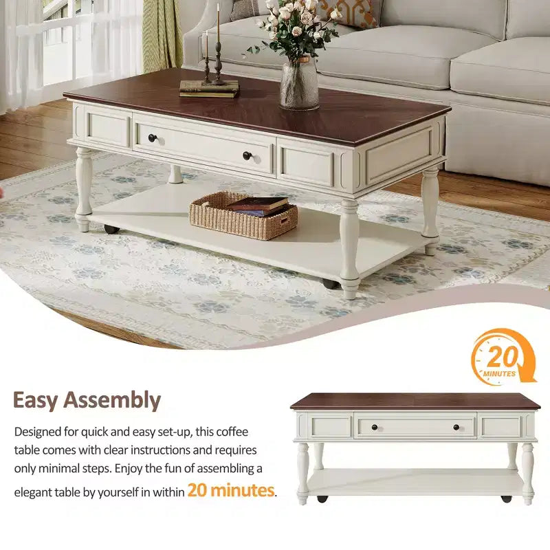 Retro Rubberwood Coffee Table with One Drawer, Shelf and Lockable Wheels