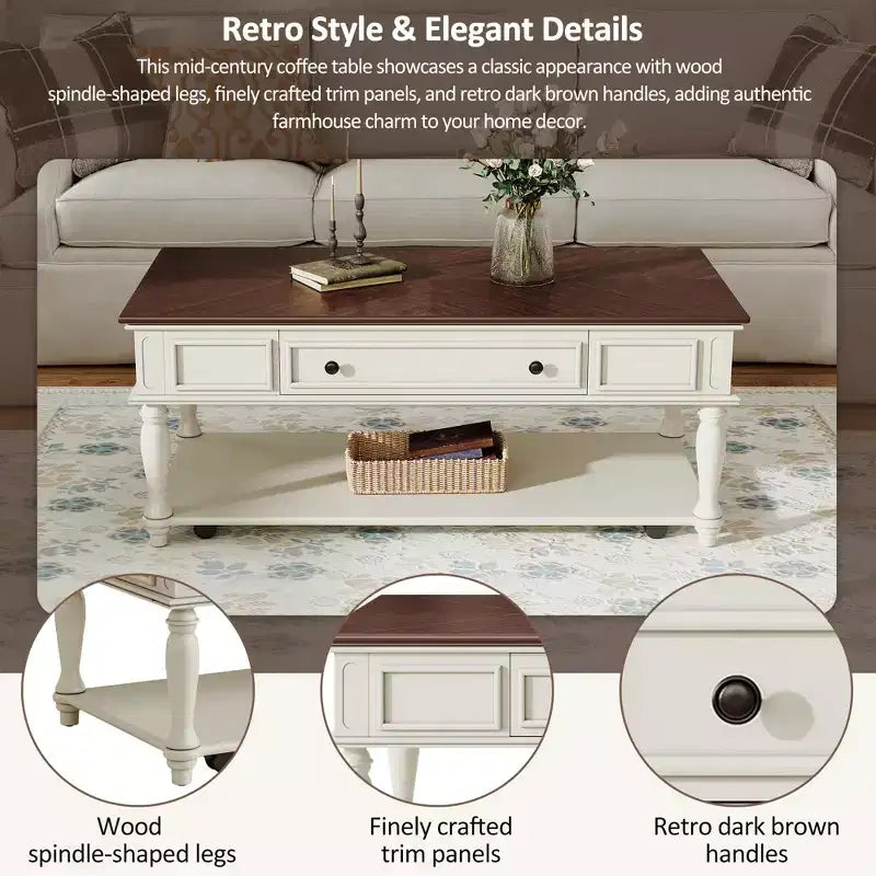 Retro Rubberwood Coffee Table with One Drawer, Shelf and Lockable Wheels