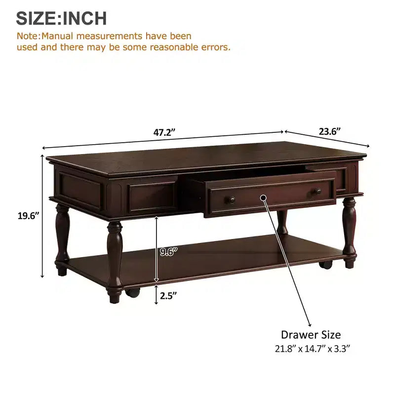 Retro Rubberwood Coffee Table with One Drawer, Shelf and Lockable Wheels