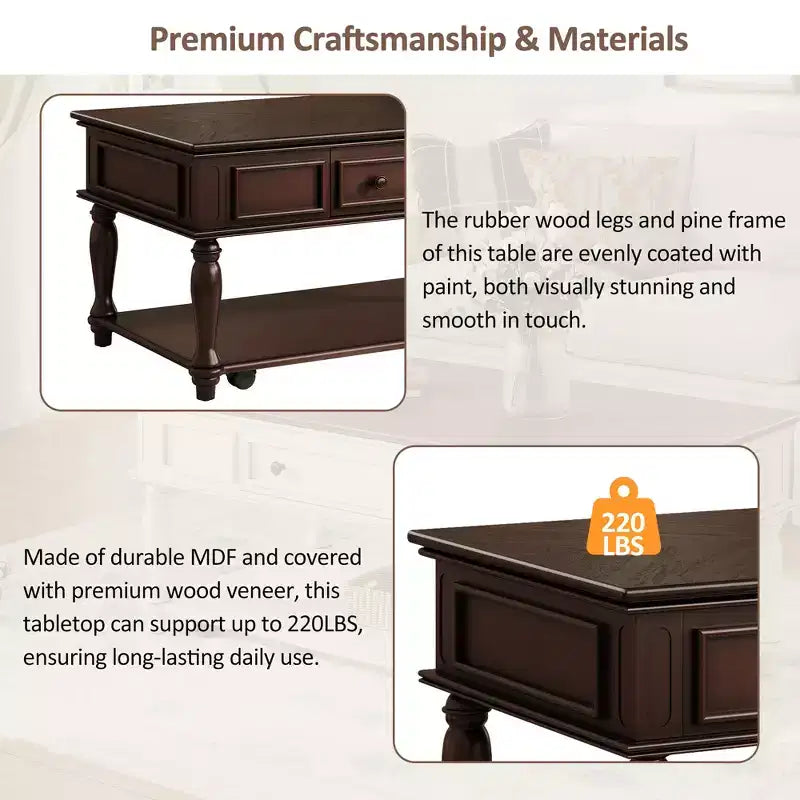 Retro Rubberwood Coffee Table with One Drawer, Shelf and Lockable Wheels