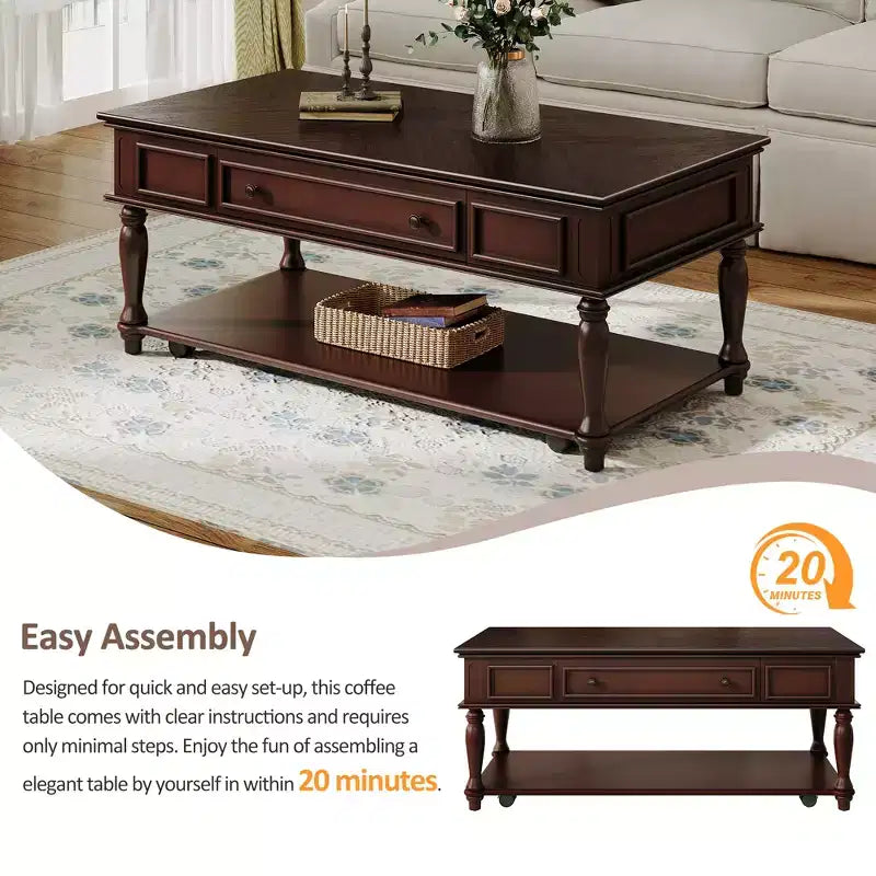 Retro Rubberwood Coffee Table with One Drawer, Shelf and Lockable Wheels