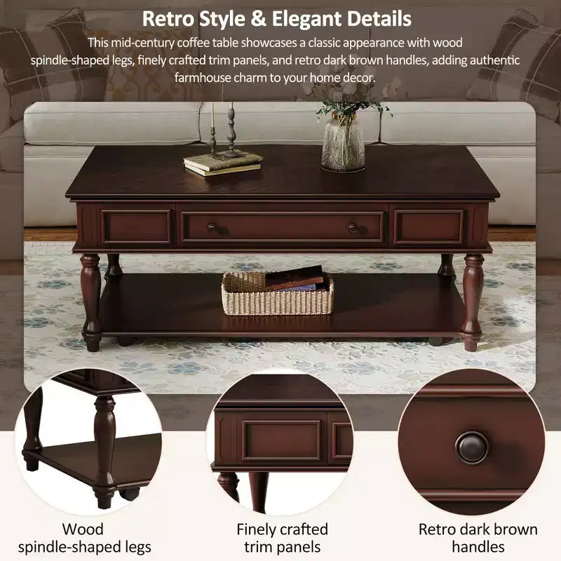 Retro Rubberwood Coffee Table with One Drawer, Shelf and Lockable Wheels