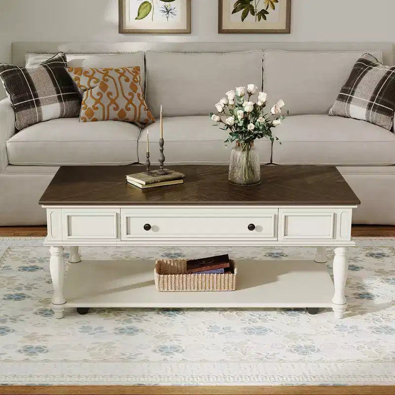 Retro Rubberwood Coffee Table with One Drawer, Shelf and Lockable Wheels