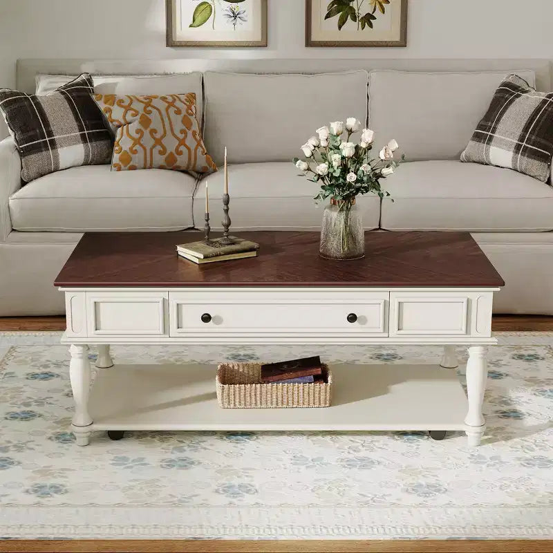 Retro Rubberwood Coffee Table with One Drawer, Shelf and Lockable Wheels