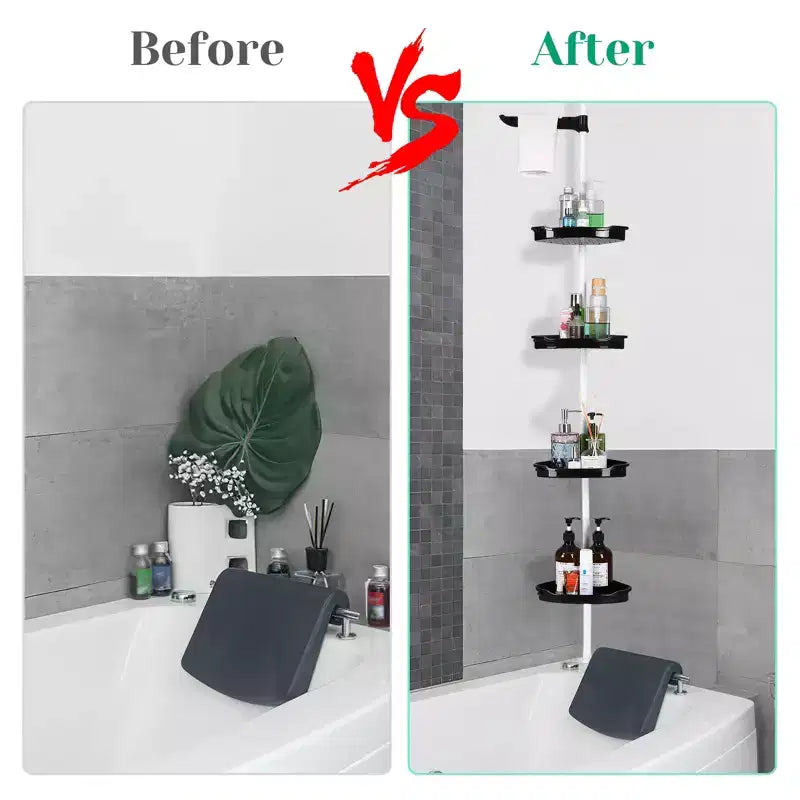 Corner Shower Caddy Tension Pole, 4-Tier Standing Bathroom Shower Organizer Shelves, Quick Install, No-Drill Quick Installation