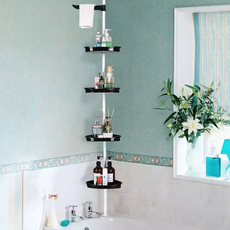 Corner Shower Caddy Tension Pole, 4-Tier Standing Bathroom Shower Organizer Shelves, Quick Install, No-Drill Quick Installation