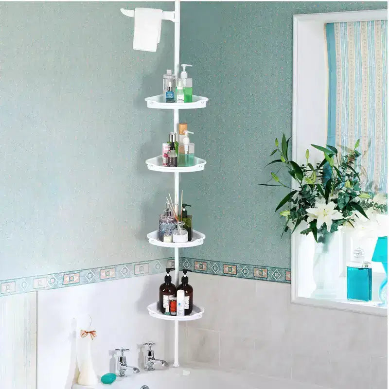 Corner Shower Caddy Tension Pole, 4-Tier Standing Bathroom Shower Organizer Shelves, Quick Install, No-Drill Quick Installation