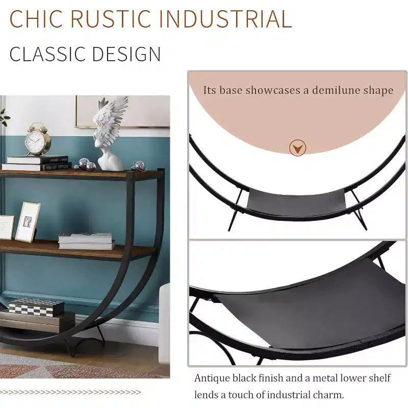 Demilune Shape Console Table, 48 Industrial Style Entryway Table with 3-Tier Open Storage Shelf, Wooden Sofa Table with MDF Desktop and Metal Frame