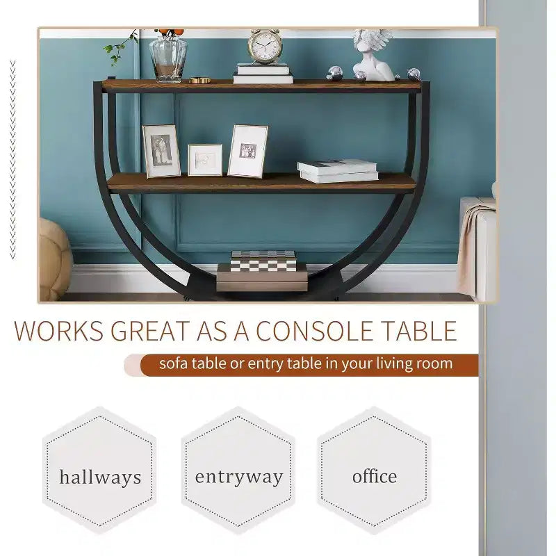 Demilune Shape Console Table, 48 Industrial Style Entryway Table with 3-Tier Open Storage Shelf, Wooden Sofa Table with MDF Desktop and Metal Frame