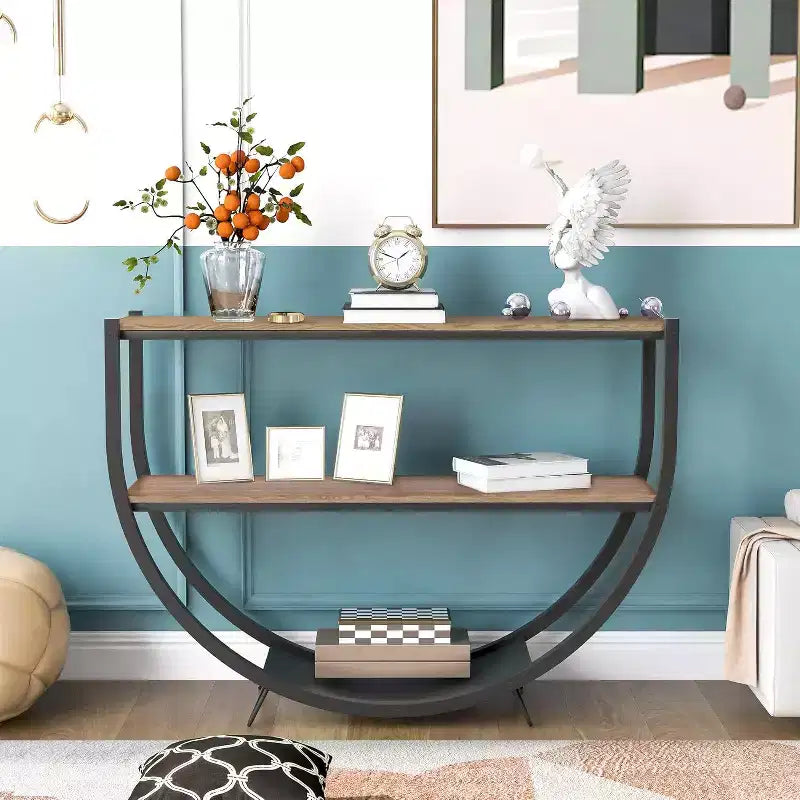 Demilune Shape Console Table, 48 Industrial Style Entryway Table with 3-Tier Open Storage Shelf, Wooden Sofa Table with MDF Desktop and Metal Frame