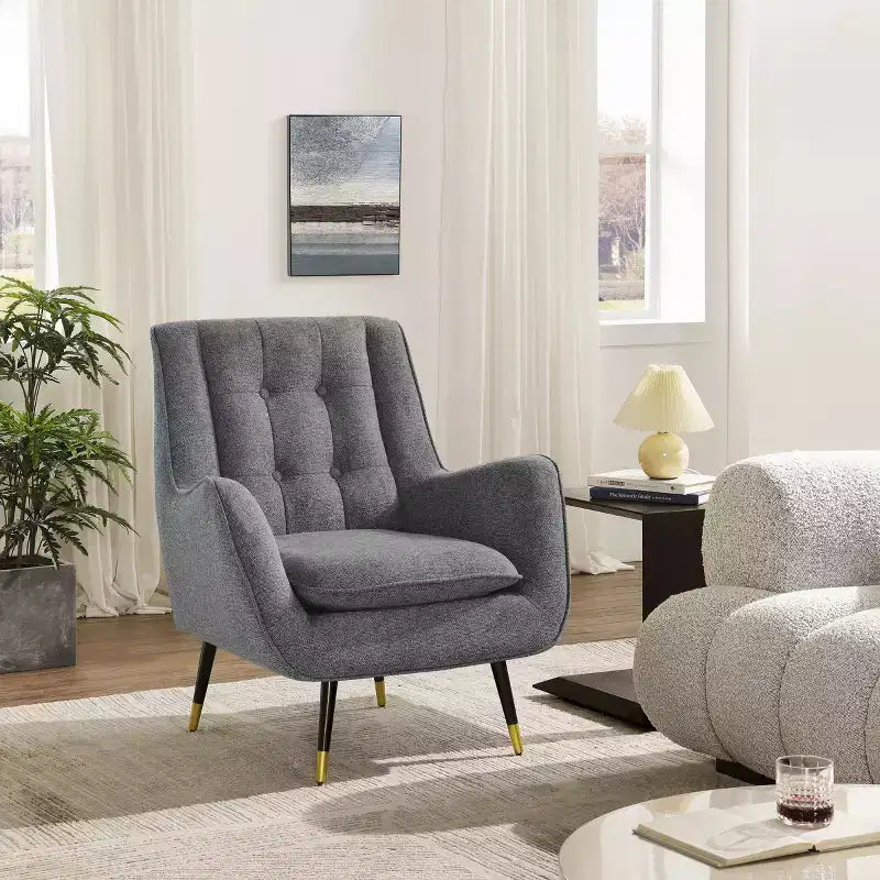 Fabric Accent Chair with Armrest and Button-Tufted Back, Mid-Century Modern Style