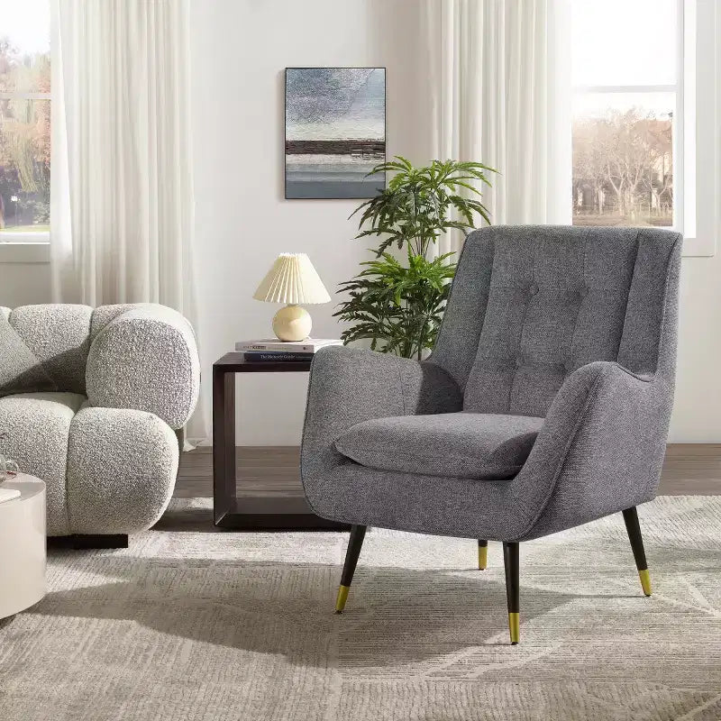 Fabric Accent Chair with Armrest and Button-Tufted Back, Mid-Century Modern Style
