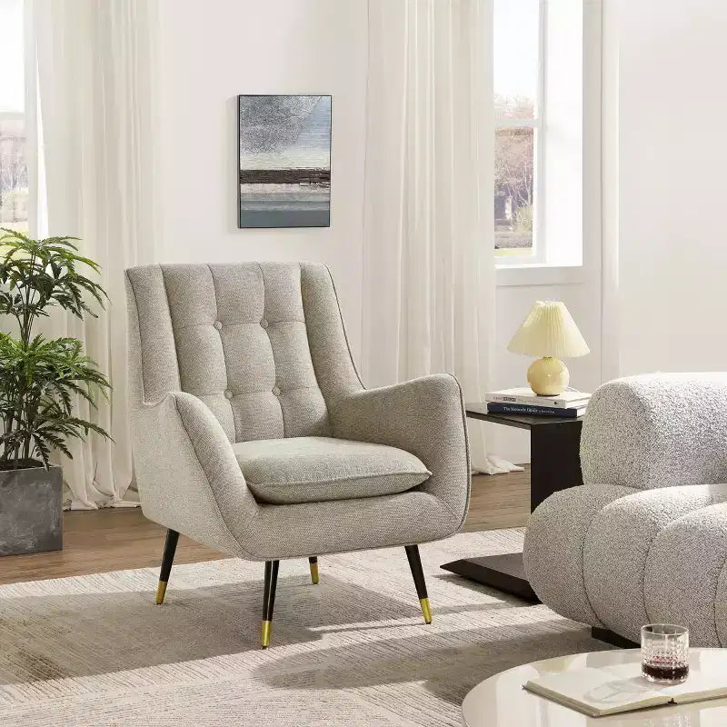 Fabric Accent Chair with Armrest and Button-Tufted Back, Mid-Century Modern Style