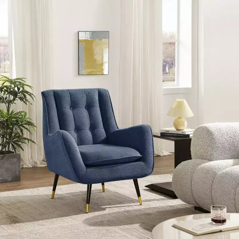 Fabric Accent Chair with Armrest and Button-Tufted Back, Mid-Century Modern Style