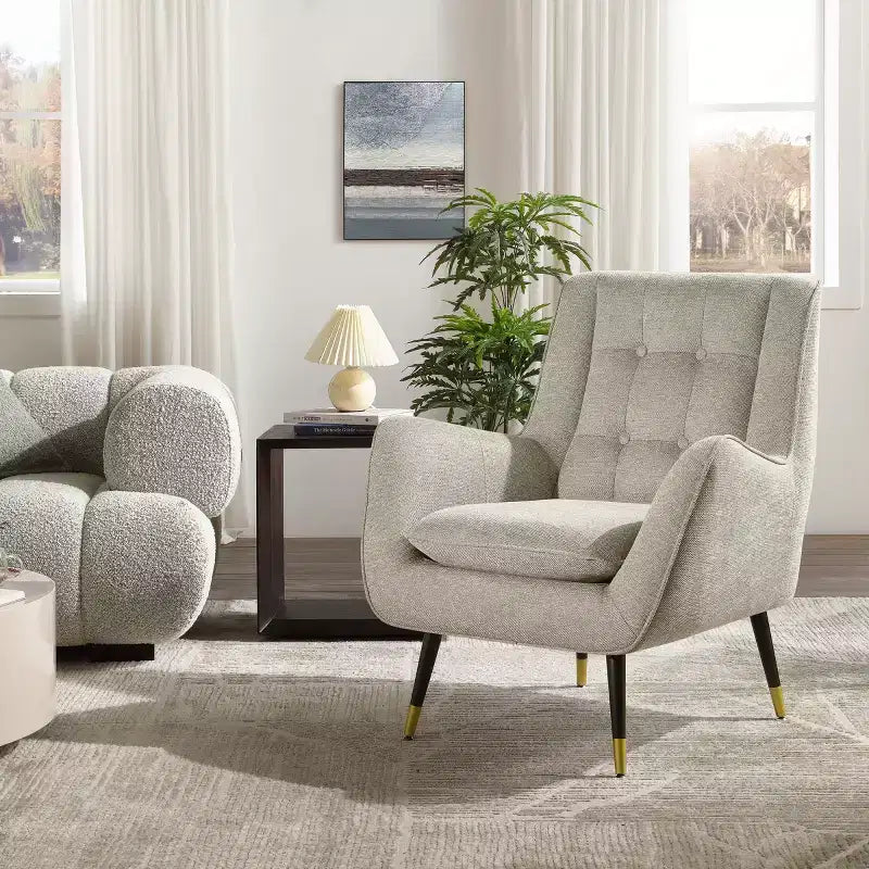 Fabric Accent Chair with Armrest and Button-Tufted Back, Mid-Century Modern Style