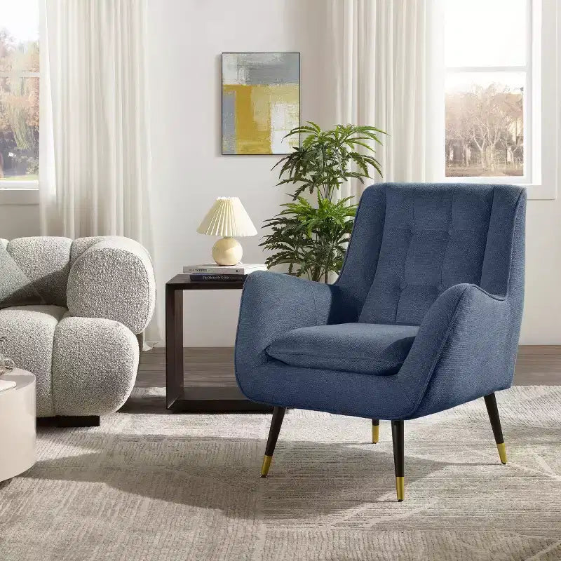 Fabric Accent Chair with Armrest and Button-Tufted Back, Mid-Century Modern Style