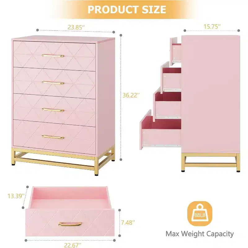 4 Drawer Dressers, Wood Dresser w/Golden Handles, Storage Chest Cabinet Organizer Unit, Chest of Drawers for Living Room, Closet, Hallway