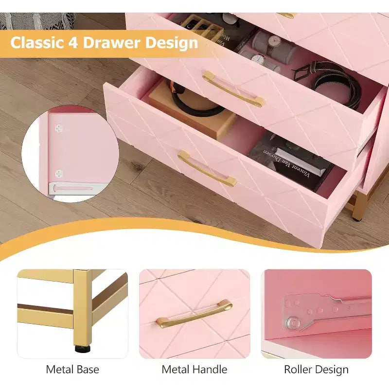 4 Drawer Dressers, Wood Dresser w/Golden Handles, Storage Chest Cabinet Organizer Unit, Chest of Drawers for Living Room, Closet, Hallway
