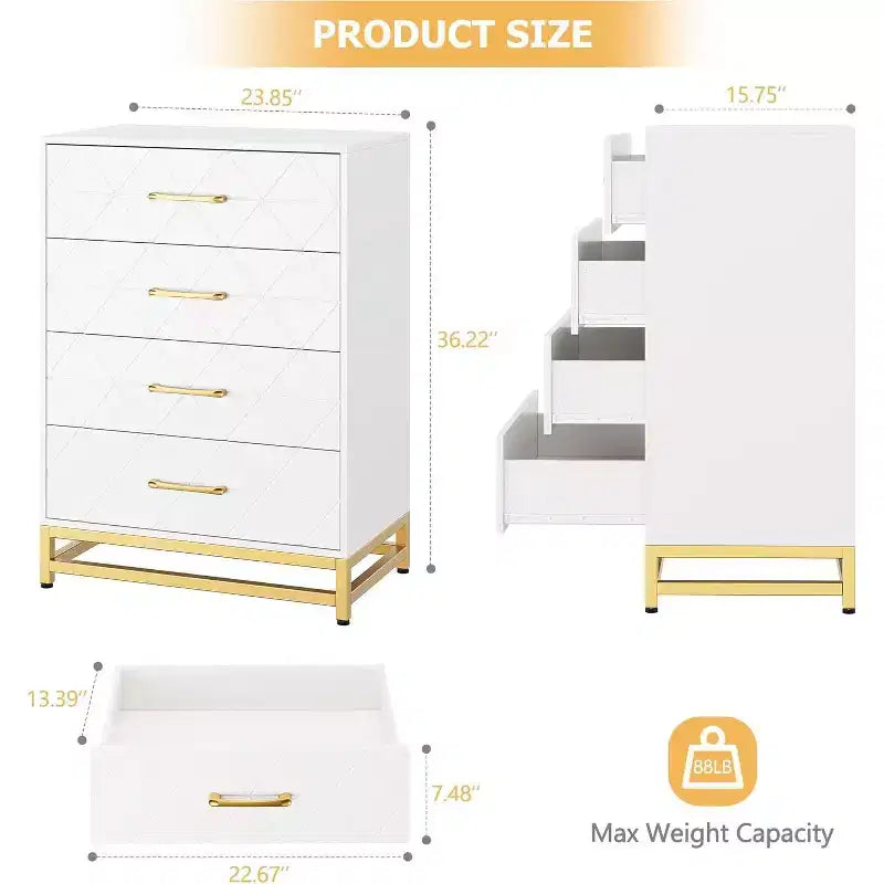 4 Drawer Dressers, Wood Dresser w/Golden Handles, Storage Chest Cabinet Organizer Unit, Chest of Drawers for Living Room, Closet, Hallway