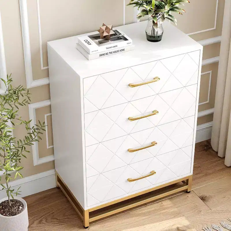 4 Drawer Dressers, Wood Dresser w/Golden Handles, Storage Chest Cabinet Organizer Unit, Chest of Drawers for Living Room, Closet, Hallway