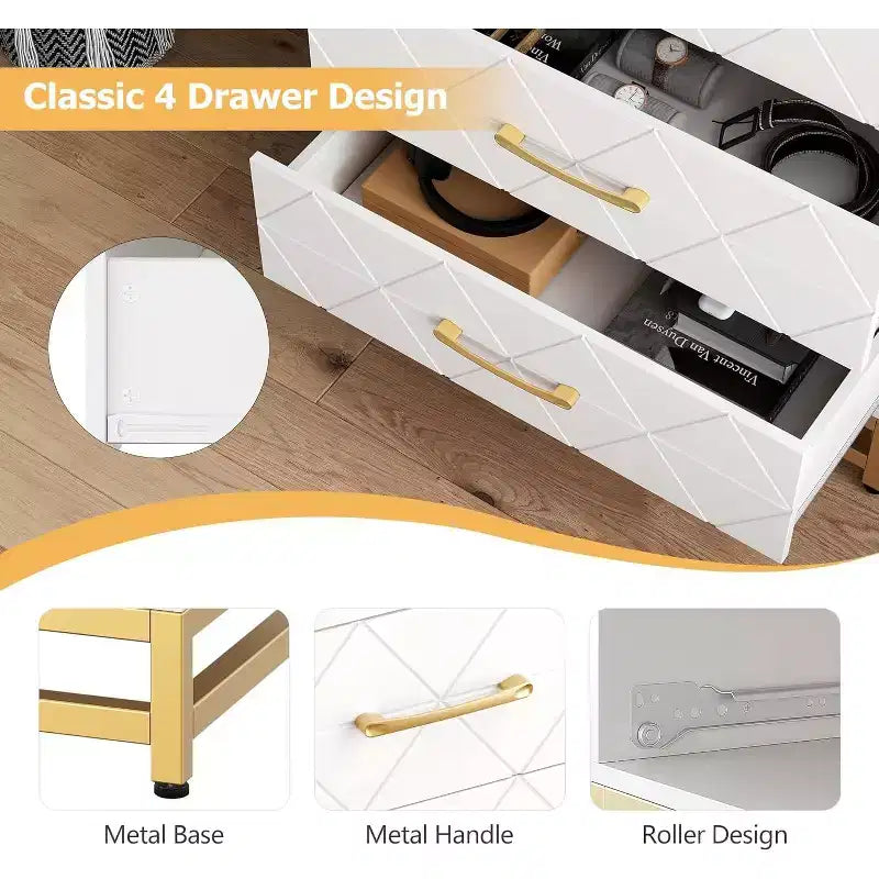 4 Drawer Dressers, Wood Dresser w/Golden Handles, Storage Chest Cabinet Organizer Unit, Chest of Drawers for Living Room, Closet, Hallway