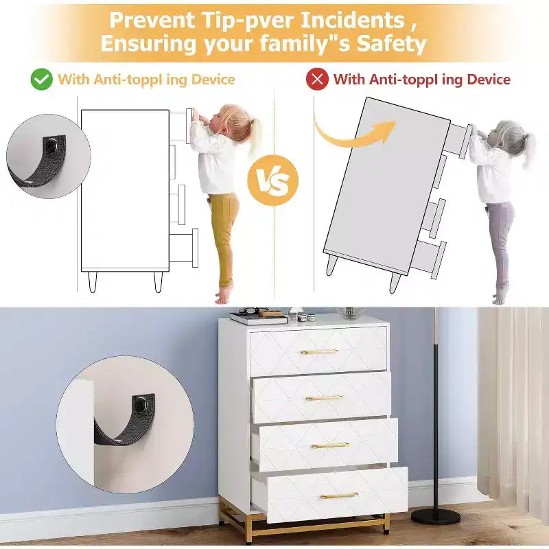 4 Drawer Dressers, Wood Dresser w/Golden Handles, Storage Chest Cabinet Organizer Unit, Chest of Drawers for Living Room, Closet, Hallway