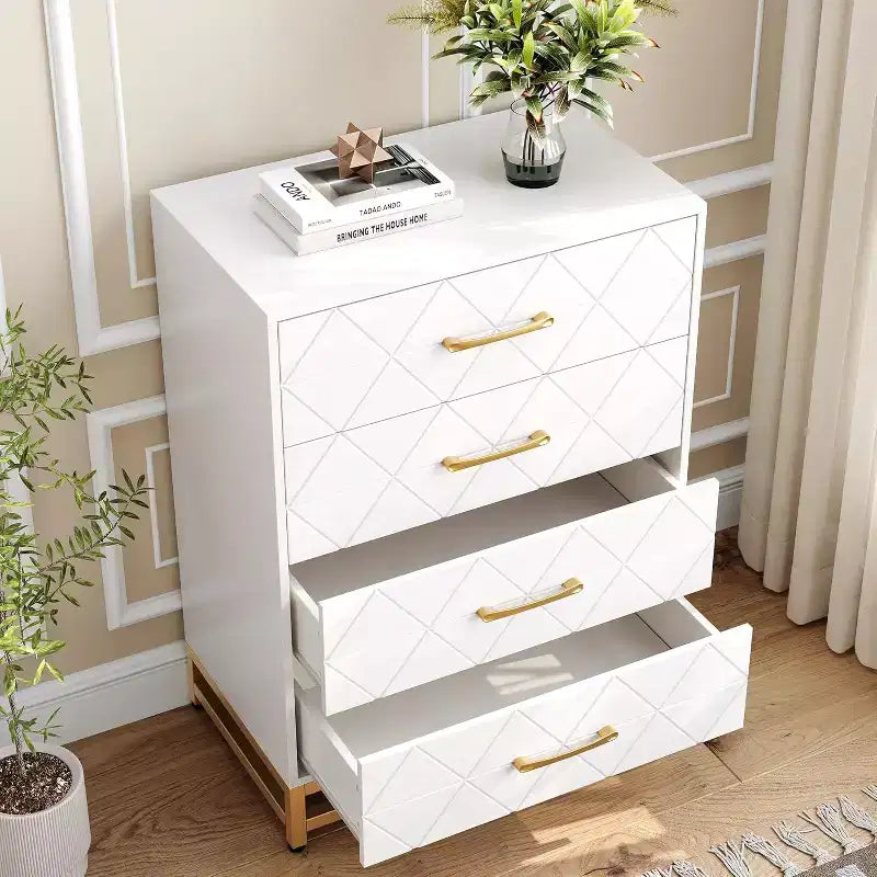 4 Drawer Dressers, Wood Dresser w/Golden Handles, Storage Chest Cabinet Organizer Unit, Chest of Drawers for Living Room, Closet, Hallway