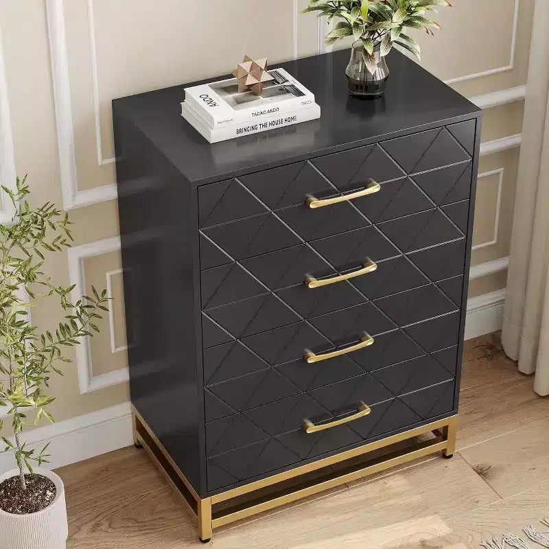 4 Drawer Dressers, Wood Dresser w/Golden Handles, Storage Chest Cabinet Organizer Unit, Chest of Drawers for Living Room, Closet, Hallway