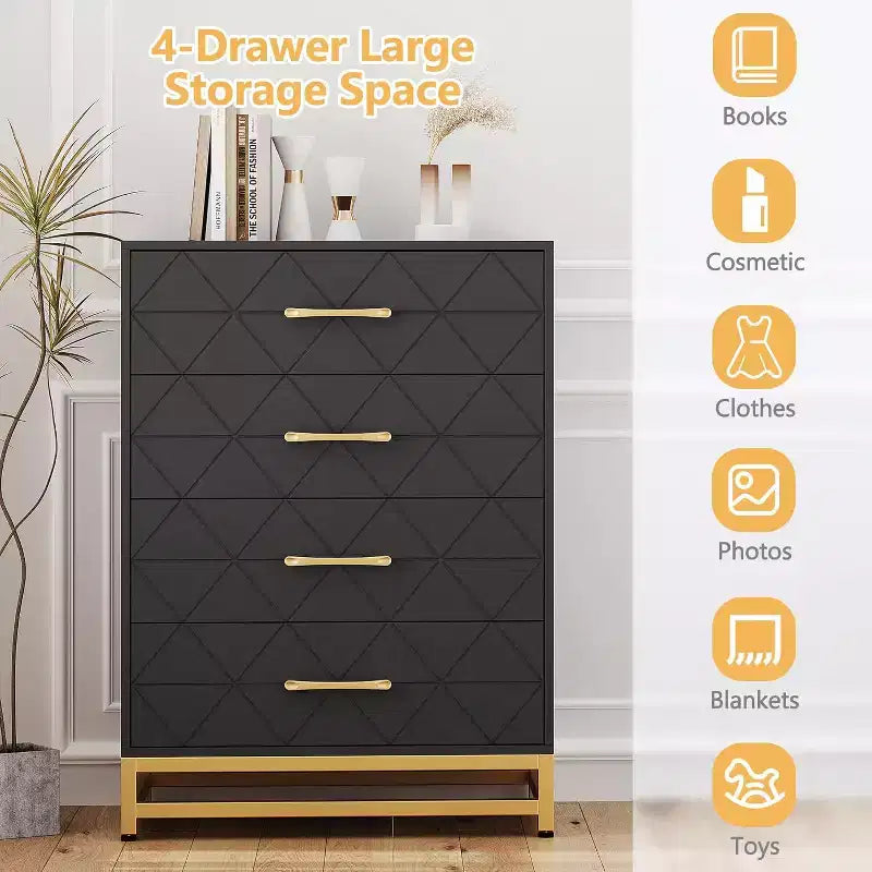4 Drawer Dressers, Wood Dresser w/Golden Handles, Storage Chest Cabinet Organizer Unit, Chest of Drawers for Living Room, Closet, Hallway