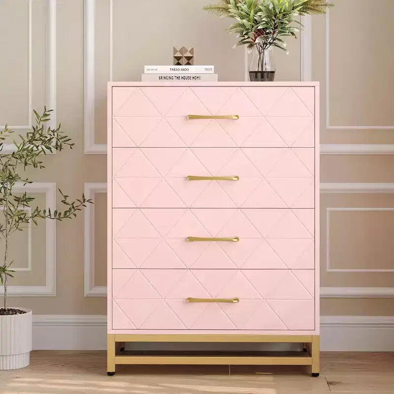 4 Drawer Dressers, Wood Dresser w/Golden Handles, Storage Chest Cabinet Organizer Unit, Chest of Drawers for Living Room, Closet, Hallway
