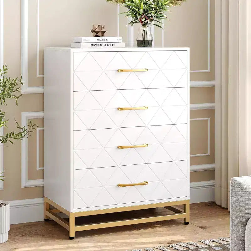 4 Drawer Dressers, Wood Dresser w/Golden Handles, Storage Chest Cabinet Organizer Unit, Chest of Drawers for Living Room, Closet, Hallway